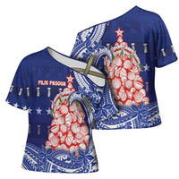 Northern Mariana Islands Christmas Cross Shoulder Shirt Seashell Xmas Tree Tribal Waves - Polynesian Pride