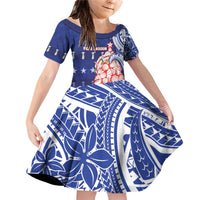 Northern Mariana Islands Christmas Family Matching Off Shoulder Short Dress and Hawaiian Shirt Seashell Xmas Tree Tribal Waves DT05 Daughter's Dress Navy - Polynesian Pride