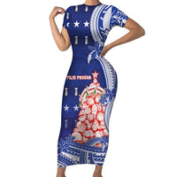 Northern Mariana Islands Christmas Family Matching Short Sleeve Bodycon Dress and Hawaiian Shirt Seashell Xmas Tree Tribal Waves DT05 Mom's Dress Navy - Polynesian Pride