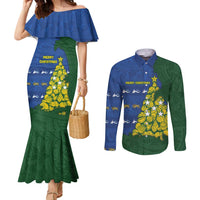 Solomon Islands Christmas Couples Matching Mermaid Dress and Long Sleeve Button Shirt Seashell Xmas Tree Tribal Waves DT05 Navy - Polynesian Pride