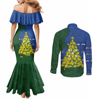 Solomon Islands Christmas Couples Matching Mermaid Dress and Long Sleeve Button Shirt Seashell Xmas Tree Tribal Waves DT05 - Polynesian Pride