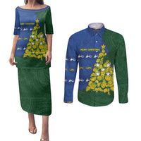 Solomon Islands Christmas Couples Matching Puletasi and Long Sleeve Button Shirt Seashell Xmas Tree Tribal Waves - Polynesian Pride