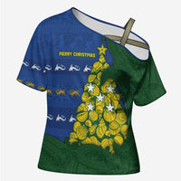Solomon Islands Christmas Cross Shoulder Shirt Seashell Xmas Tree Tribal Waves - Polynesian Pride