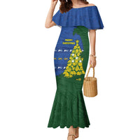 Solomon Islands Christmas Family Matching Mermaid Dress and Hawaiian Shirt Seashell Xmas Tree Tribal Waves DT05 Mom's Dress Navy - Polynesian Pride