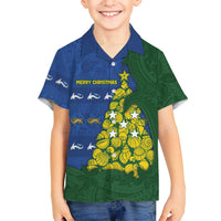 Solomon Islands Christmas Family Matching Mermaid Dress and Hawaiian Shirt Seashell Xmas Tree Tribal Waves DT05 Son's Shirt Navy - Polynesian Pride