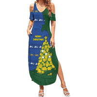 Solomon Islands Christmas Family Matching Summer Maxi Dress and Hawaiian Shirt Seashell Xmas Tree Tribal Waves - Polynesian Pride