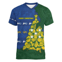 Solomon Islands Christmas Women V-Neck T-Shirt Seashell Xmas Tree Tribal Waves - Polynesian Pride