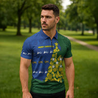 Solomon Islands Christmas Zipper Polo Shirt Seashell Xmas Tree Tribal Waves - Polynesian Pride