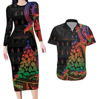 New Caledonia Christmas Couples Matching Long Sleeve Bodycon Dress and Hawaiian Shirt Seashell Xmas Tree Tribal Waves DT05 Black - Polynesian Pride