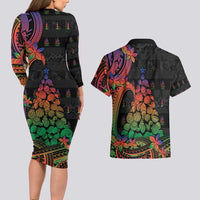 New Caledonia Christmas Couples Matching Long Sleeve Bodycon Dress and Hawaiian Shirt Seashell Xmas Tree Tribal Waves DT05 - Polynesian Pride