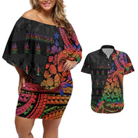 New Caledonia Christmas Couples Matching Off Shoulder Short Dress and Hawaiian Shirt Seashell Xmas Tree Tribal Waves DT05 Black - Polynesian Pride