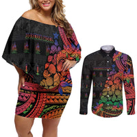 New Caledonia Christmas Couples Matching Off Shoulder Short Dress and Long Sleeve Button Shirt Seashell Xmas Tree Tribal Waves - Polynesian Pride