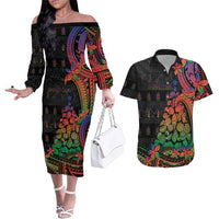 New Caledonia Christmas Couples Matching Off The Shoulder Long Sleeve Dress and Hawaiian Shirt Seashell Xmas Tree Tribal Waves DT05 Black - Polynesian Pride