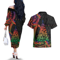 New Caledonia Christmas Couples Matching Off The Shoulder Long Sleeve Dress and Hawaiian Shirt Seashell Xmas Tree Tribal Waves DT05 - Polynesian Pride
