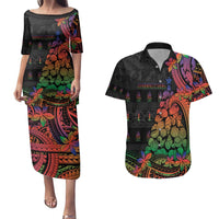 New Caledonia Christmas Couples Matching Puletasi and Hawaiian Shirt Seashell Xmas Tree Tribal Waves DT05 Black - Polynesian Pride