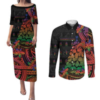 New Caledonia Christmas Couples Matching Puletasi and Long Sleeve Button Shirt Seashell Xmas Tree Tribal Waves - Polynesian Pride