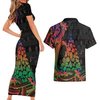 New Caledonia Christmas Couples Matching Short Sleeve Bodycon Dress and Hawaiian Shirt Seashell Xmas Tree Tribal Waves DT05 - Polynesian Pride