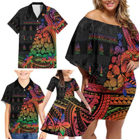 New Caledonia Christmas Family Matching Off Shoulder Short Dress and Hawaiian Shirt Seashell Xmas Tree Tribal Waves - Polynesian Pride