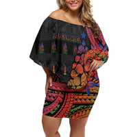 New Caledonia Christmas Family Matching Off Shoulder Short Dress and Hawaiian Shirt Seashell Xmas Tree Tribal Waves - Polynesian Pride
