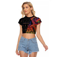 New Caledonia Christmas Raglan Cropped T Shirt Seashell Xmas Tree Tribal Waves - Polynesian Pride