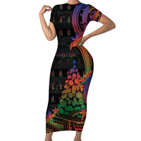 New Caledonia Christmas Short Sleeve Bodycon Dress Seashell Xmas Tree Tribal Waves - Polynesian Pride