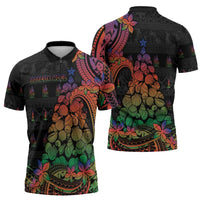 New Caledonia Christmas Zipper Polo Shirt Seashell Xmas Tree Tribal Waves - Polynesian Pride
