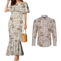 Hawaii Palaka Cowboy Couples Matching Mermaid Dress and Long Sleeve Button Shirt Shell Maile Lei With Western Patterns - Polynesian Pride