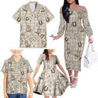 Hawaii Palaka Cowboy Family Matching Off The Shoulder Long Sleeve Dress and Hawaiian Shirt Shell Maile Lei With Western Patterns - Polynesian Pride