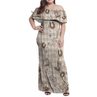 Hawaii Palaka Cowboy Family Matching Off Shoulder Maxi Dress and Hawaiian Shirt Shell Maile Lei With Western Patterns DT05 Mom's Dress Beige - Polynesian Pride