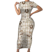 Hawaii Palaka Cowboy Family Matching Short Sleeve Bodycon Dress and Hawaiian Shirt Shell Maile Lei With Western Patterns DT05 Mom's Dress Beige - Polynesian Pride