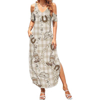 Hawaii Palaka Cowboy Family Matching Summer Maxi Dress and Hawaiian Shirt Shell Maile Lei With Western Patterns DT05 Mom's Dress Beige - Polynesian Pride