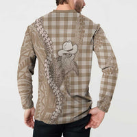 Beige Hawaii Palaka Cowboy Turtle Button Sweatshirt Hawaiian Paniolo Puakenikeni Maile Lei - Polynesian Pride