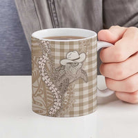 Beige Hawaii Palaka Cowboy Turtle Ceramic Mug Hawaiian Paniolo Puakenikeni Maile Lei - Polynesian Pride