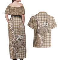 Beige Hawaii Palaka Cowboy Turtle Couples Matching Off Shoulder Maxi Dress and Hawaiian Shirt Hawaiian Paniolo Puakenikeni Maile Lei - Polynesian Pride