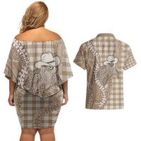 Beige Hawaii Palaka Cowboy Turtle Couples Matching Off Shoulder Short Dress and Hawaiian Shirt Hawaiian Paniolo Puakenikeni Maile Lei - Polynesian Pride