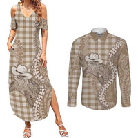 Beige Hawaii Palaka Cowboy Turtle Couples Matching Summer Maxi Dress and Long Sleeve Button Shirt Hawaiian Paniolo Puakenikeni Maile Lei - Polynesian Pride