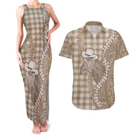 Beige Hawaii Palaka Cowboy Turtle Couples Matching Tank Maxi Dress and Hawaiian Shirt Hawaiian Paniolo Puakenikeni Maile Lei DT05 Beige - Polynesian Pride