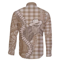 Beige Hawaii Palaka Cowboy Turtle Family Matching Long Sleeve Bodycon Dress and Hawaiian Shirt Hawaiian Paniolo Puakenikeni Maile Lei DT05 - Polynesian Pride