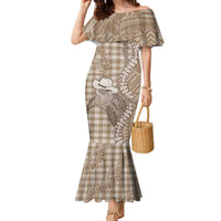 Beige Hawaii Palaka Cowboy Turtle Family Matching Mermaid Dress and Hawaiian Shirt Hawaiian Paniolo Puakenikeni Maile Lei DT05 Mom's Dress Beige - Polynesian Pride