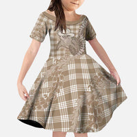 Beige Hawaii Palaka Cowboy Turtle Family Matching Off The Shoulder Long Sleeve Dress and Hawaiian Shirt Hawaiian Paniolo Puakenikeni Maile Lei DT05 Daughter's Dress Beige - Polynesian Pride