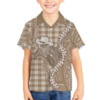 Beige Hawaii Palaka Cowboy Turtle Family Matching Off The Shoulder Long Sleeve Dress and Hawaiian Shirt Hawaiian Paniolo Puakenikeni Maile Lei DT05 Son's Shirt Beige - Polynesian Pride