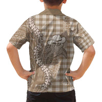 Beige Hawaii Palaka Cowboy Turtle Family Matching Off Shoulder Short Dress and Hawaiian Shirt Hawaiian Paniolo Puakenikeni Maile Lei DT05 - Polynesian Pride