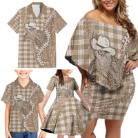 Beige Hawaii Palaka Cowboy Turtle Family Matching Off Shoulder Short Dress and Hawaiian Shirt Hawaiian Paniolo Puakenikeni Maile Lei DT05 - Polynesian Pride