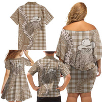 Beige Hawaii Palaka Cowboy Turtle Family Matching Off Shoulder Short Dress and Hawaiian Shirt Hawaiian Paniolo Puakenikeni Maile Lei DT05 - Polynesian Pride