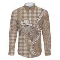 Beige Hawaii Palaka Cowboy Turtle Family Matching Off Shoulder Short Dress and Hawaiian Shirt Hawaiian Paniolo Puakenikeni Maile Lei DT05 Dad's Shirt - Long Sleeve Beige - Polynesian Pride