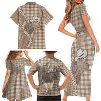 Beige Hawaii Palaka Cowboy Turtle Family Matching Short Sleeve Bodycon Dress and Hawaiian Shirt Hawaiian Paniolo Puakenikeni Maile Lei DT05 - Polynesian Pride