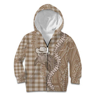 Beige Hawaii Palaka Cowboy Turtle Kid Hoodie Hawaiian Paniolo Puakenikeni Maile Lei - Polynesian Pride