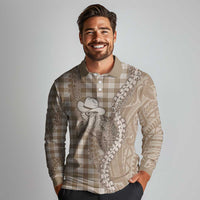 Beige Hawaii Palaka Cowboy Turtle Long Sleeve Polo Shirt Hawaiian Paniolo Puakenikeni Maile Lei - Polynesian Pride