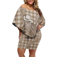 Beige Hawaii Palaka Cowboy Turtle Off Shoulder Short Dress Hawaiian Paniolo Puakenikeni Maile Lei - Polynesian Pride