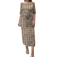Beige Hawaii Palaka Cowboy Turtle Puletasi Hawaiian Paniolo Puakenikeni Maile Lei DT05 Long Dress Beige - Polynesian Pride